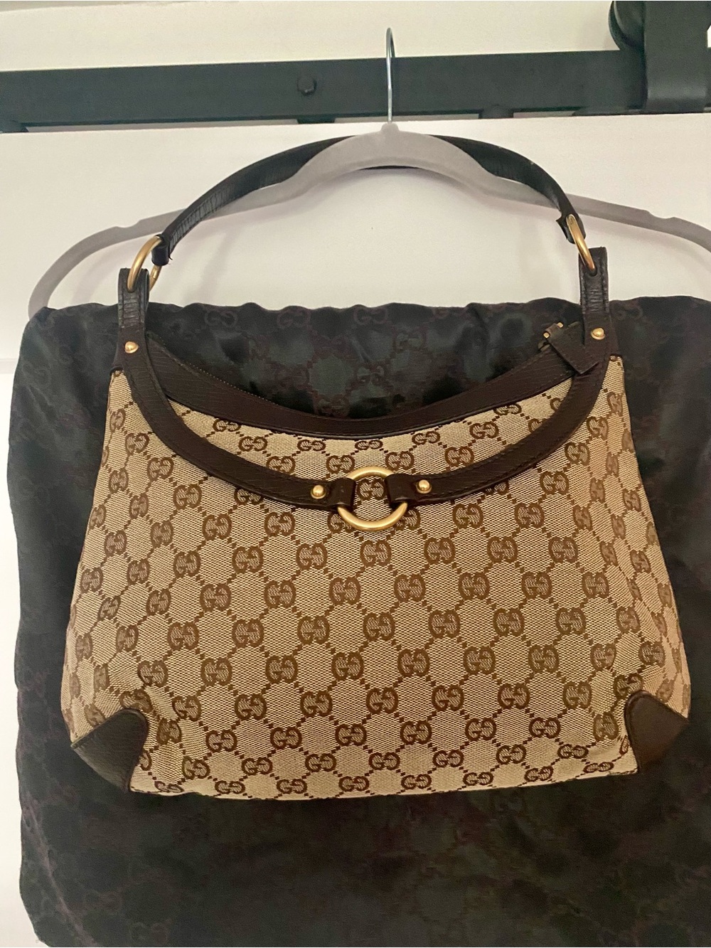 Gucci Beige GG Canvas Shoulder Bag with Dark Brown Trim and Gold Hardware - Picture 4 of 17